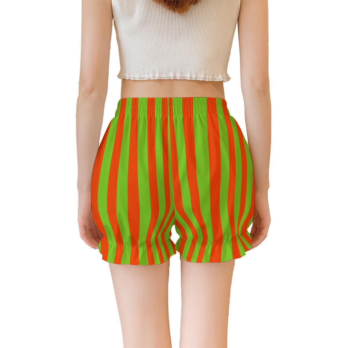 Green and red striped shorts worn by a person on a white background