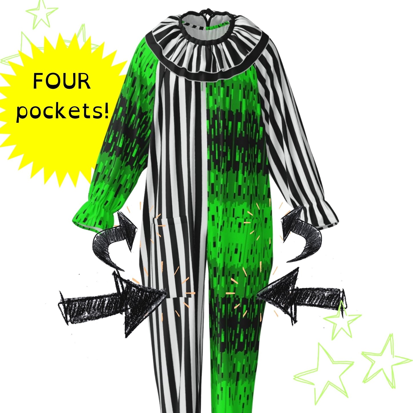 Overglow Jester Stripe Clown Suit w Collar Set