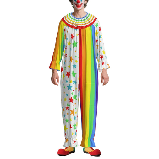 Person wearing a colorful clown costume with rainbow stripes and star patterns on a white background