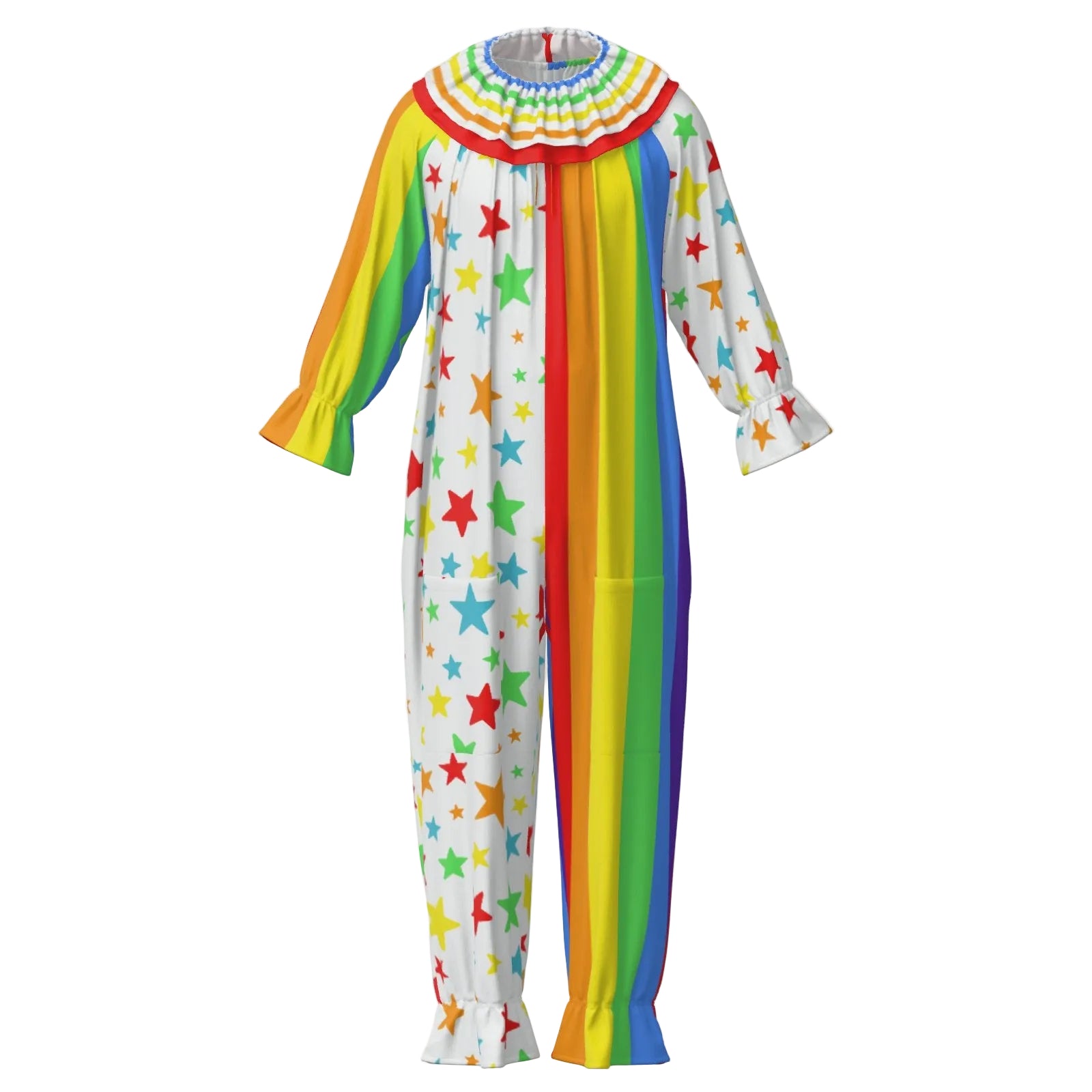 Colorful adult clown suit with rainbow stripes and star patterns on a white background