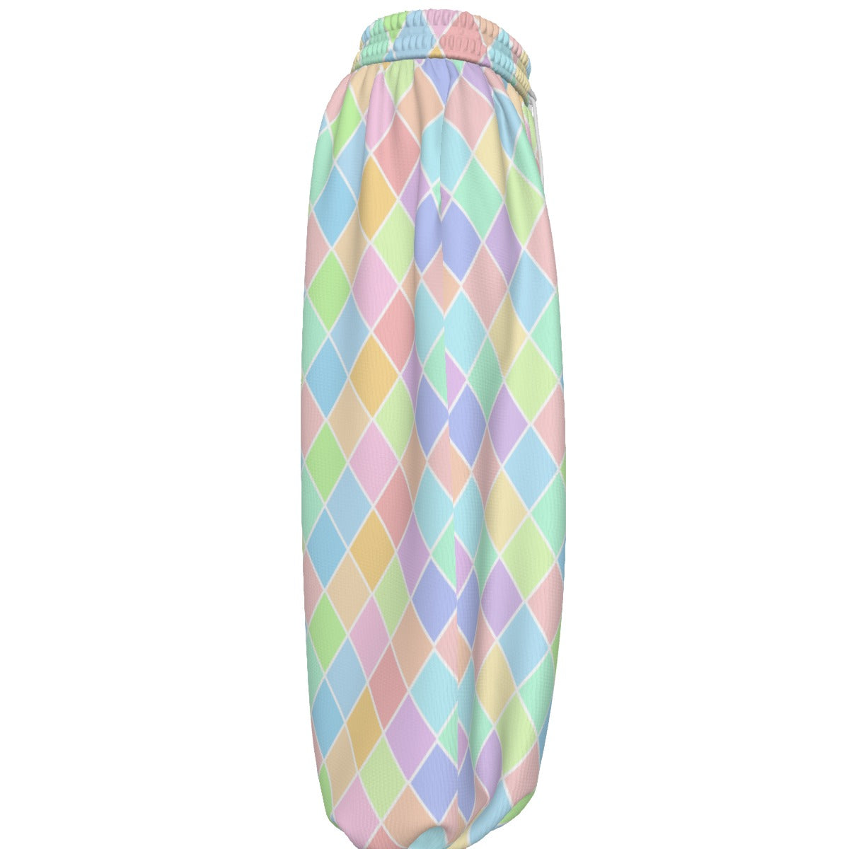 Pastel diamond patterned pantaloon pants on a white background