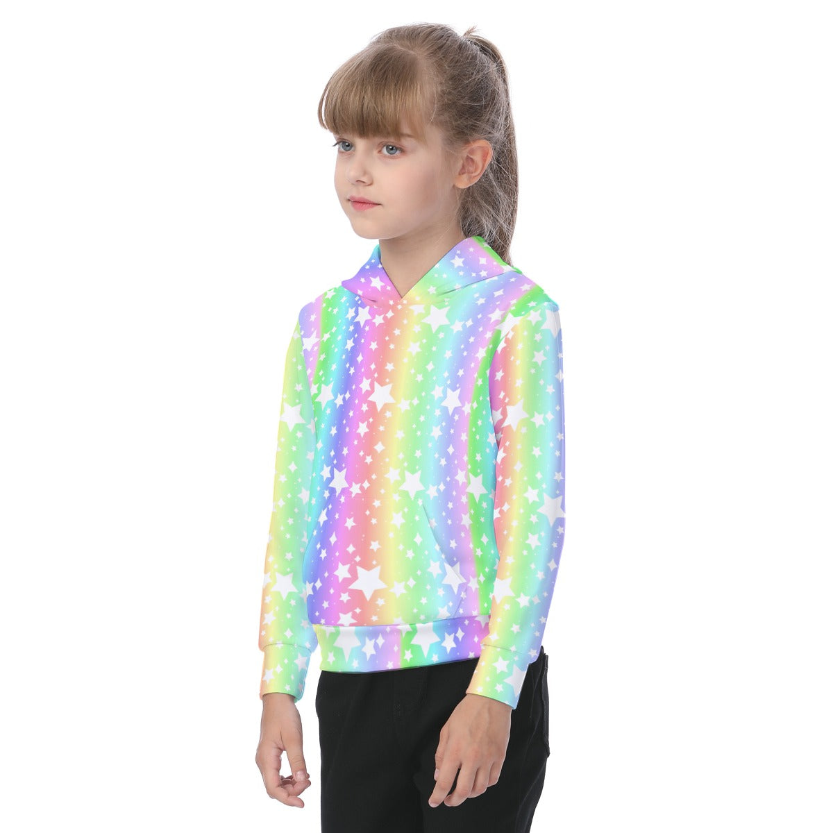Child wearing a colorful star-patterned hoodie on a white background