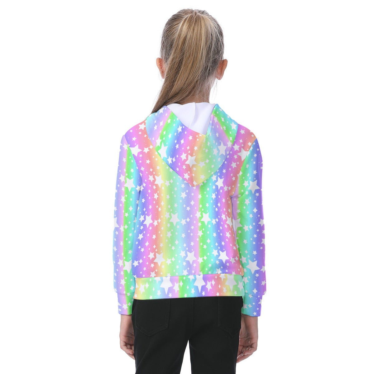 kid  wearing a colorful star-patterned hoodie on a white background