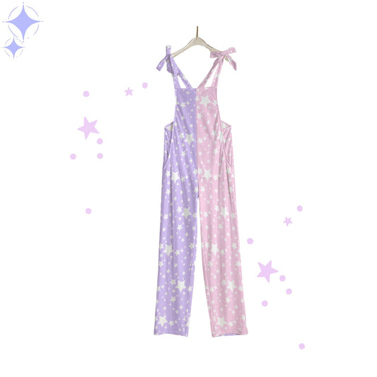Pastel pink and purple star-patterned jumpsuit on a white background with decorative elements.