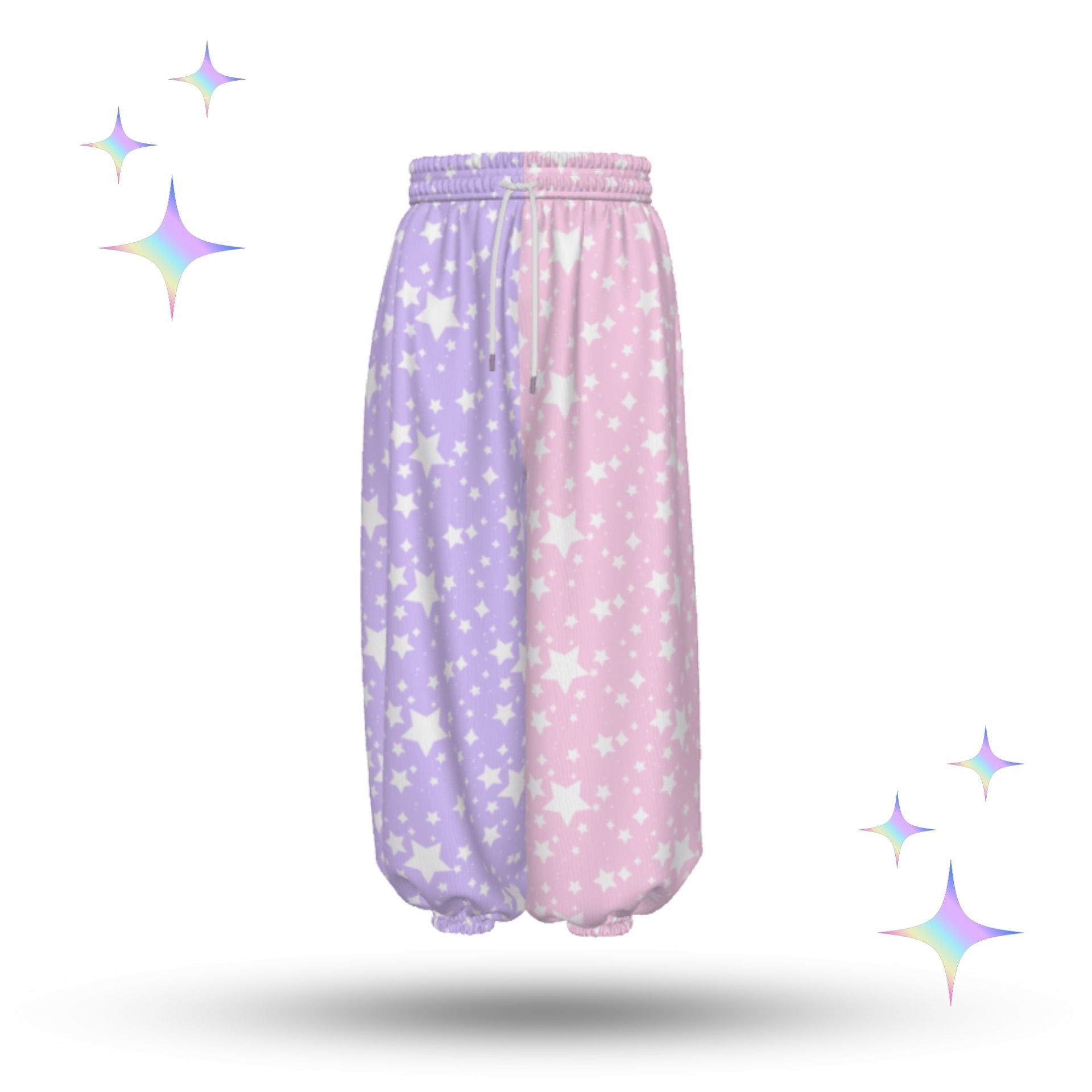 Pair of pastel pink and purple pajama pants with star pattern on a white background.