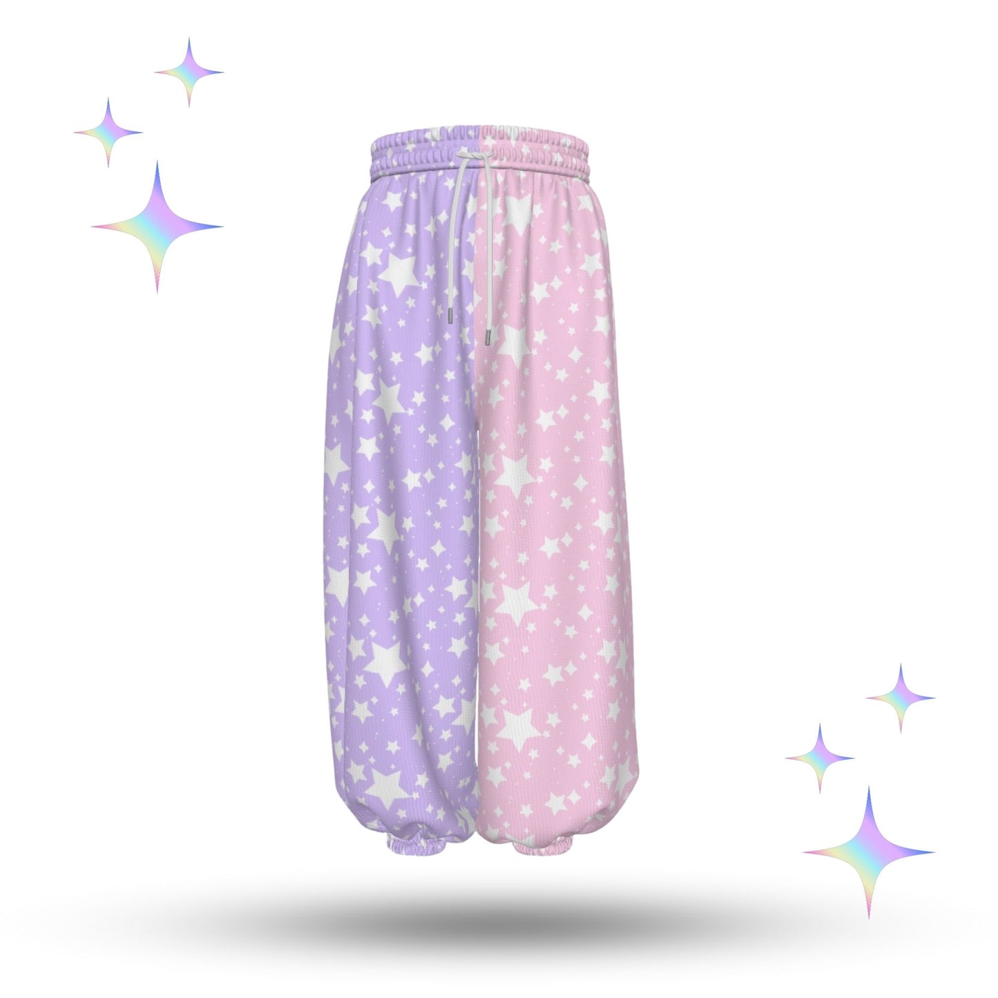 Pair of pastel pink and purple sweatpants with star pattern on a white background.