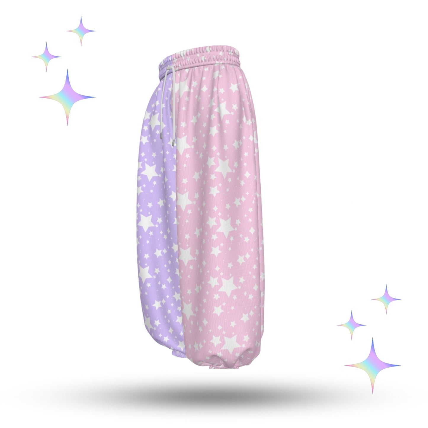 Pair of pastel pink and purple pajama pants with star pattern on a white background