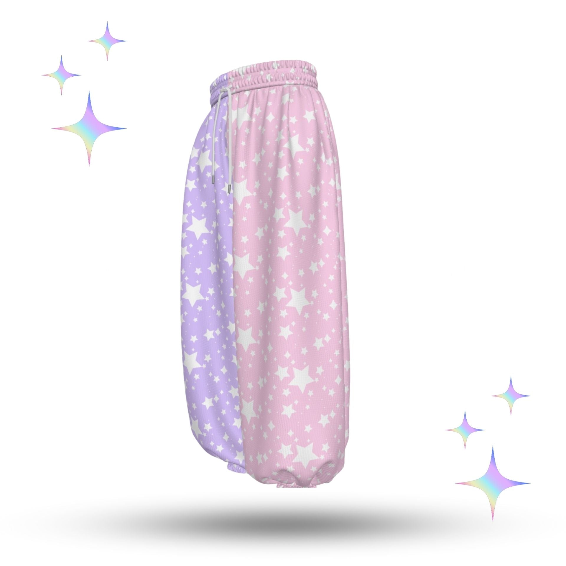 Pair of pastel pink and purple pajama pants with star pattern on a white background