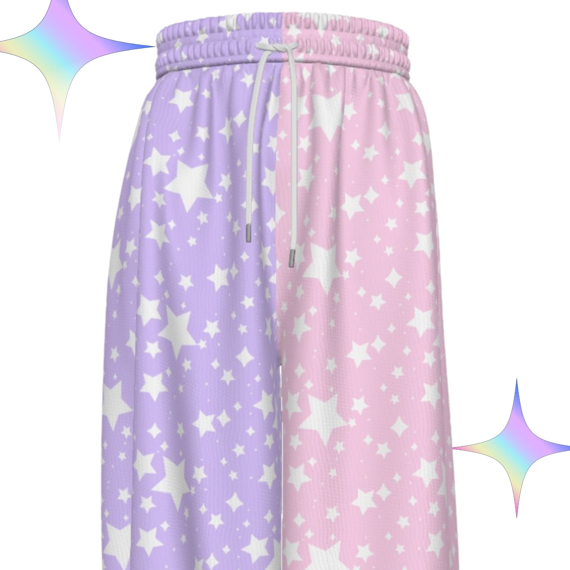 Pair of pastel-colored pants with star pattern on a white background
