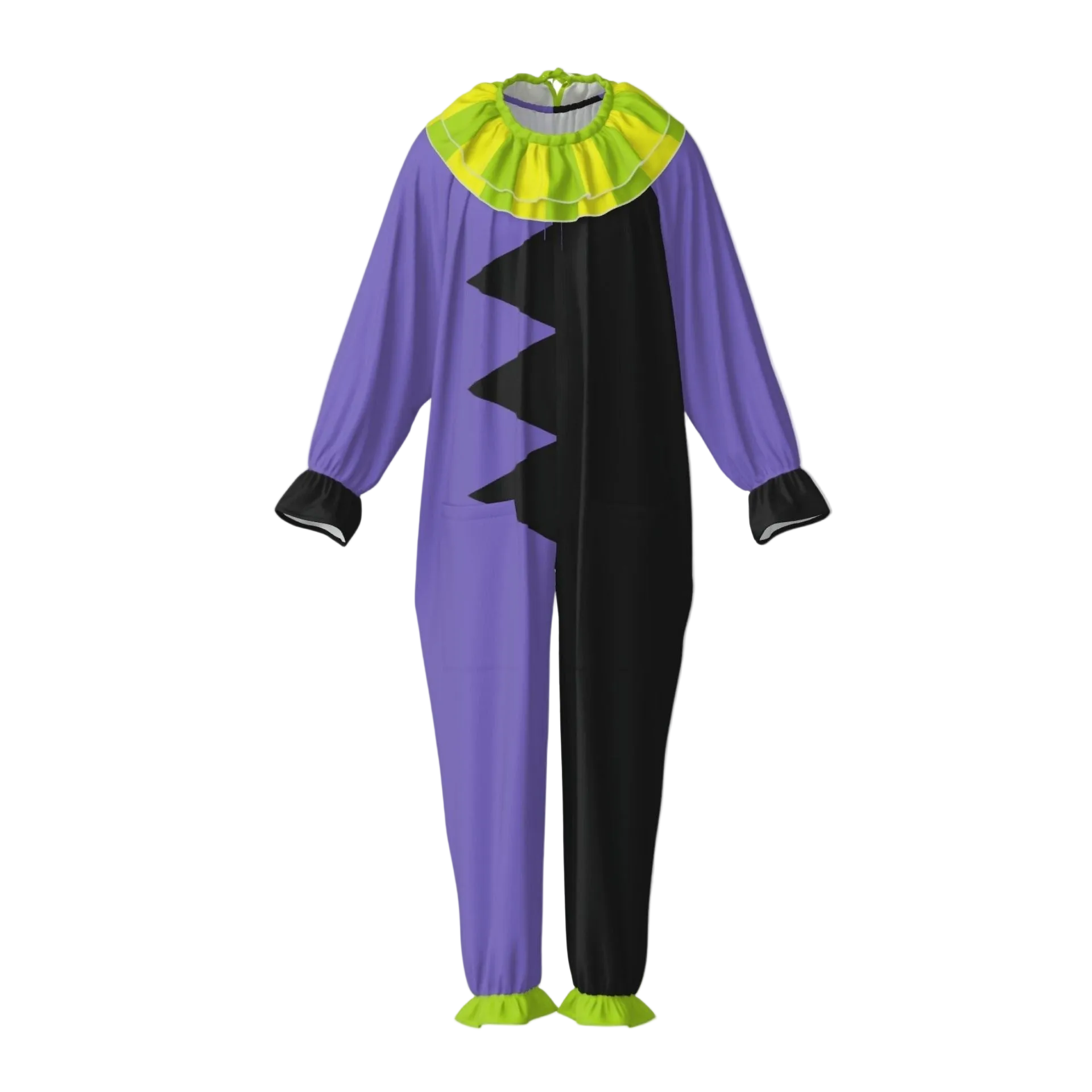 Purple and black costume with green accents on a white background
