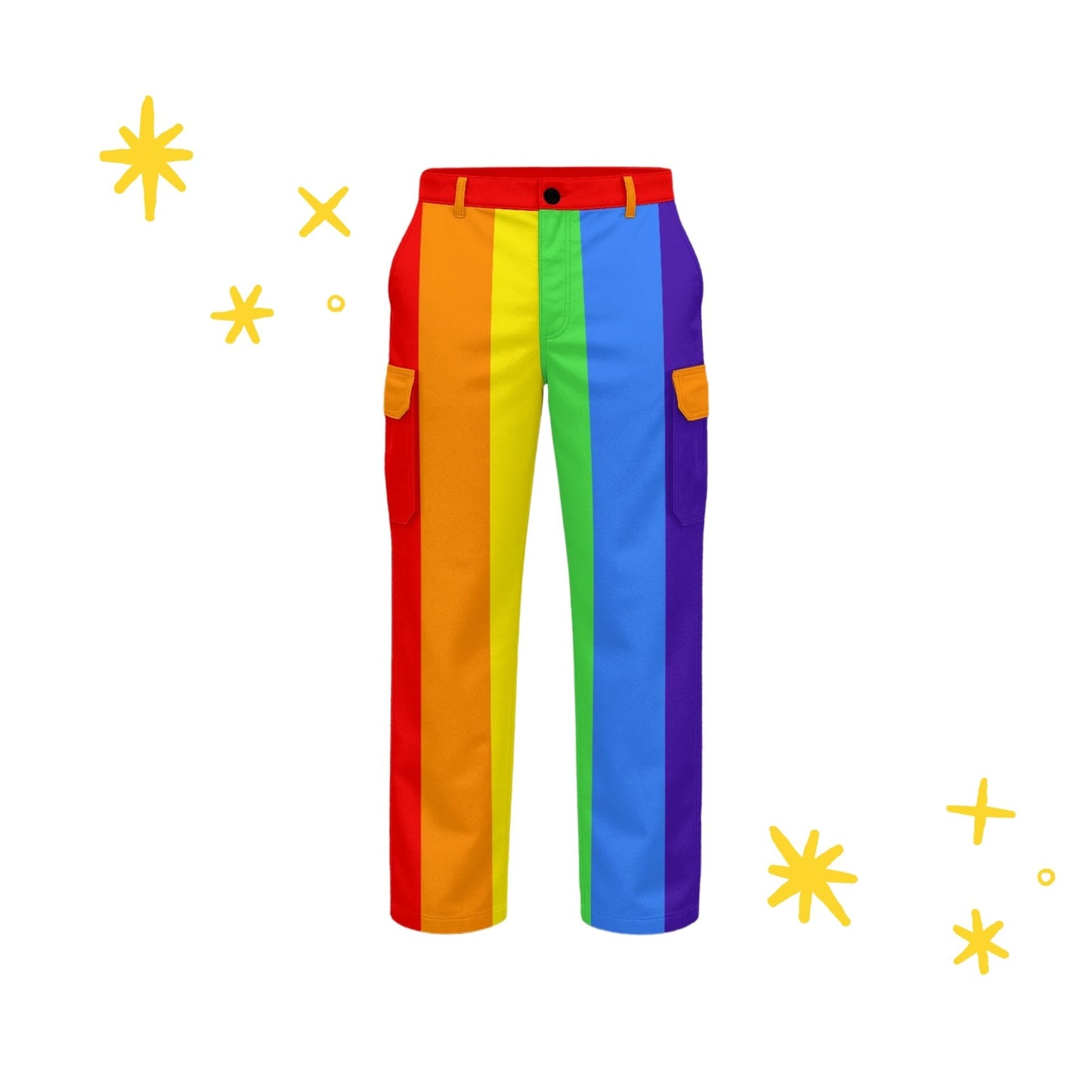 Rainbow-striped cargo pants with red waistband on a white background with yellow stars.