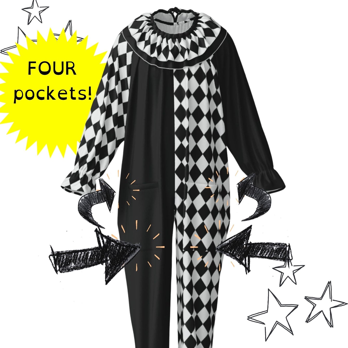 Pierrot Diamond Split Clown Suit w Ruffle Collar