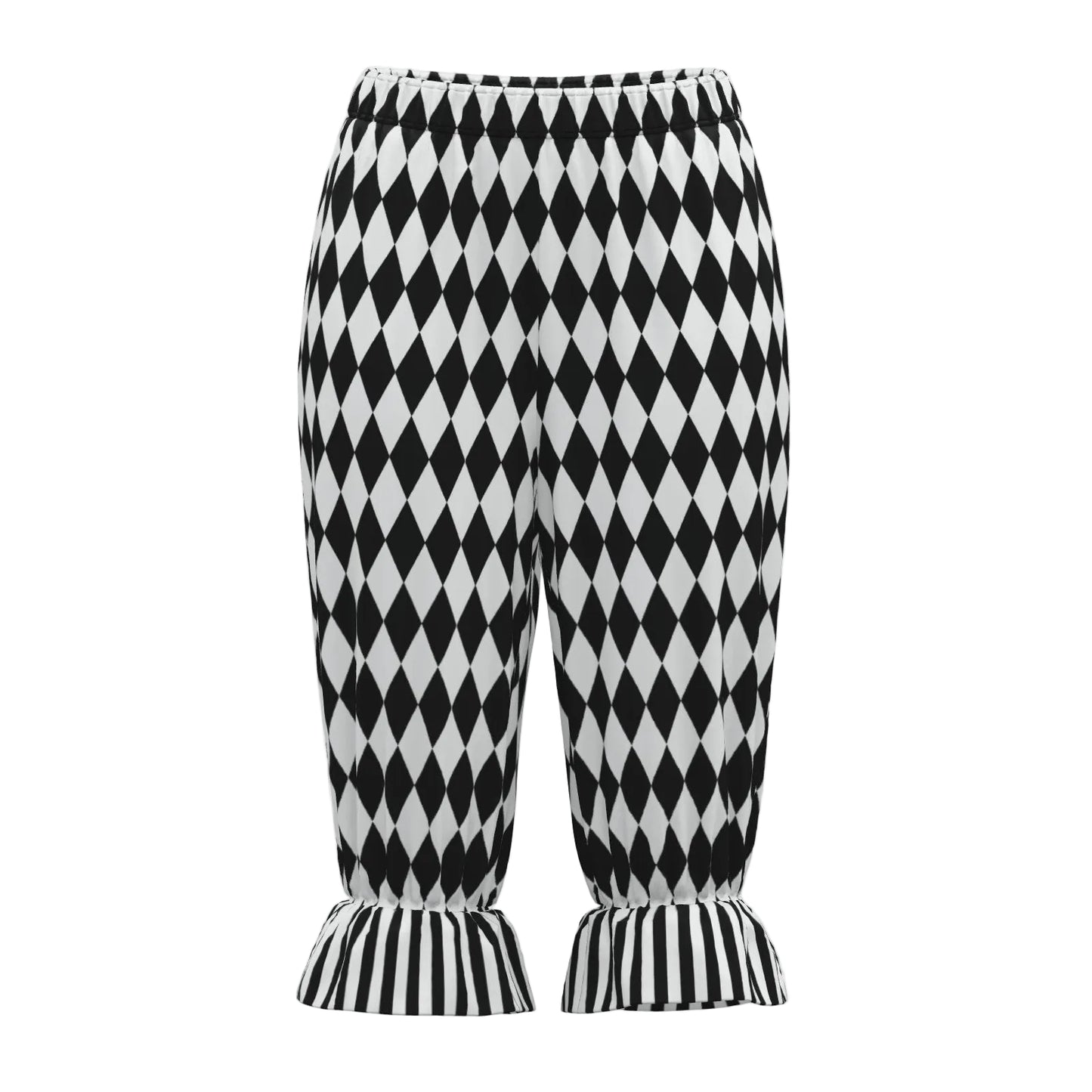 Black and white checkered pants with ruffled bottom on a white background