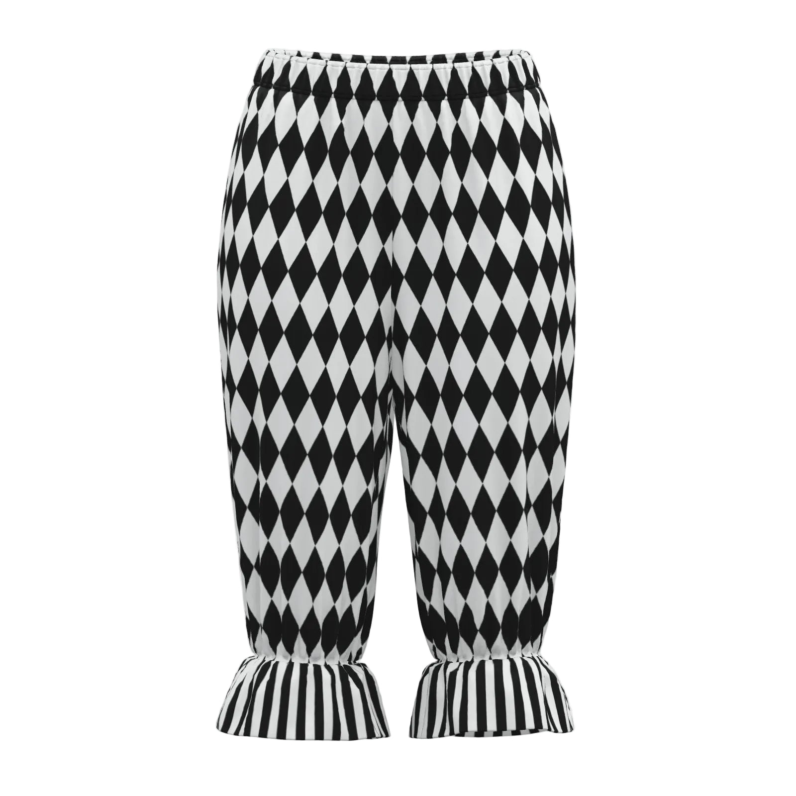 Black and white checkered pants with ruffled bottom on a white background