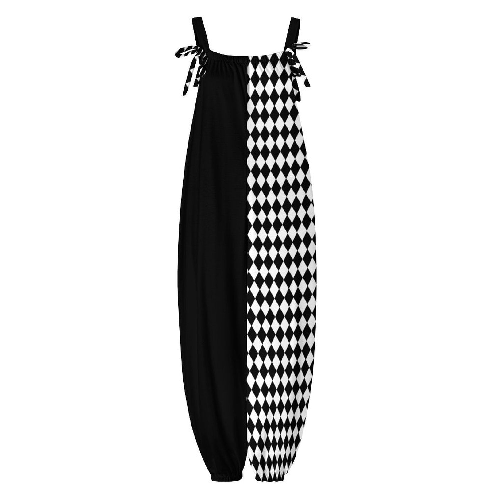 Black and white checkered jumpsuit with thin straps on a white background