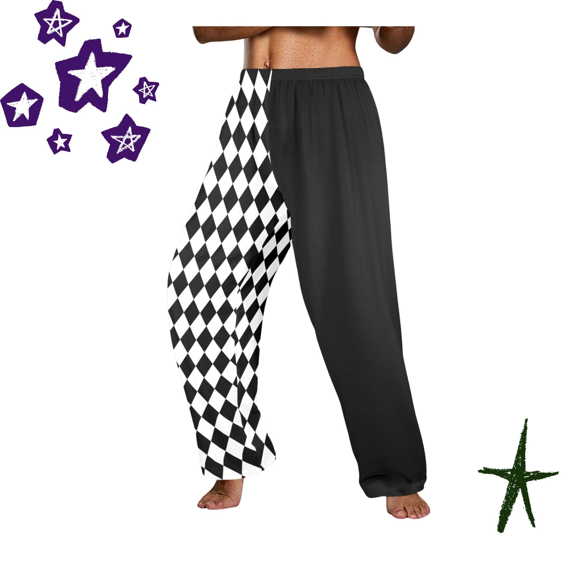 Black and white checkered pants with a plain background