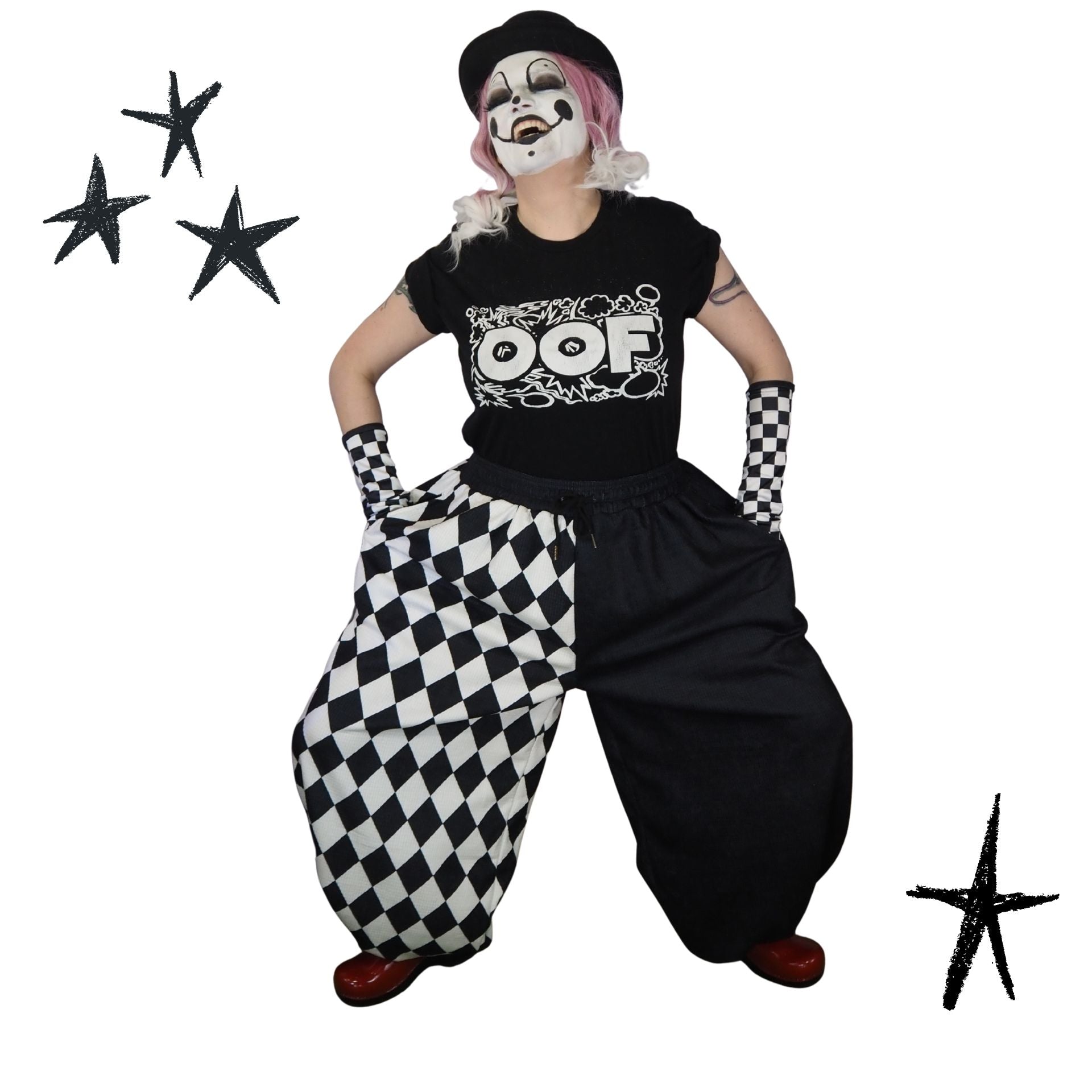 Person in a black and white checkered outfit with 'OOF' shirt, surrounded by stars on a white background