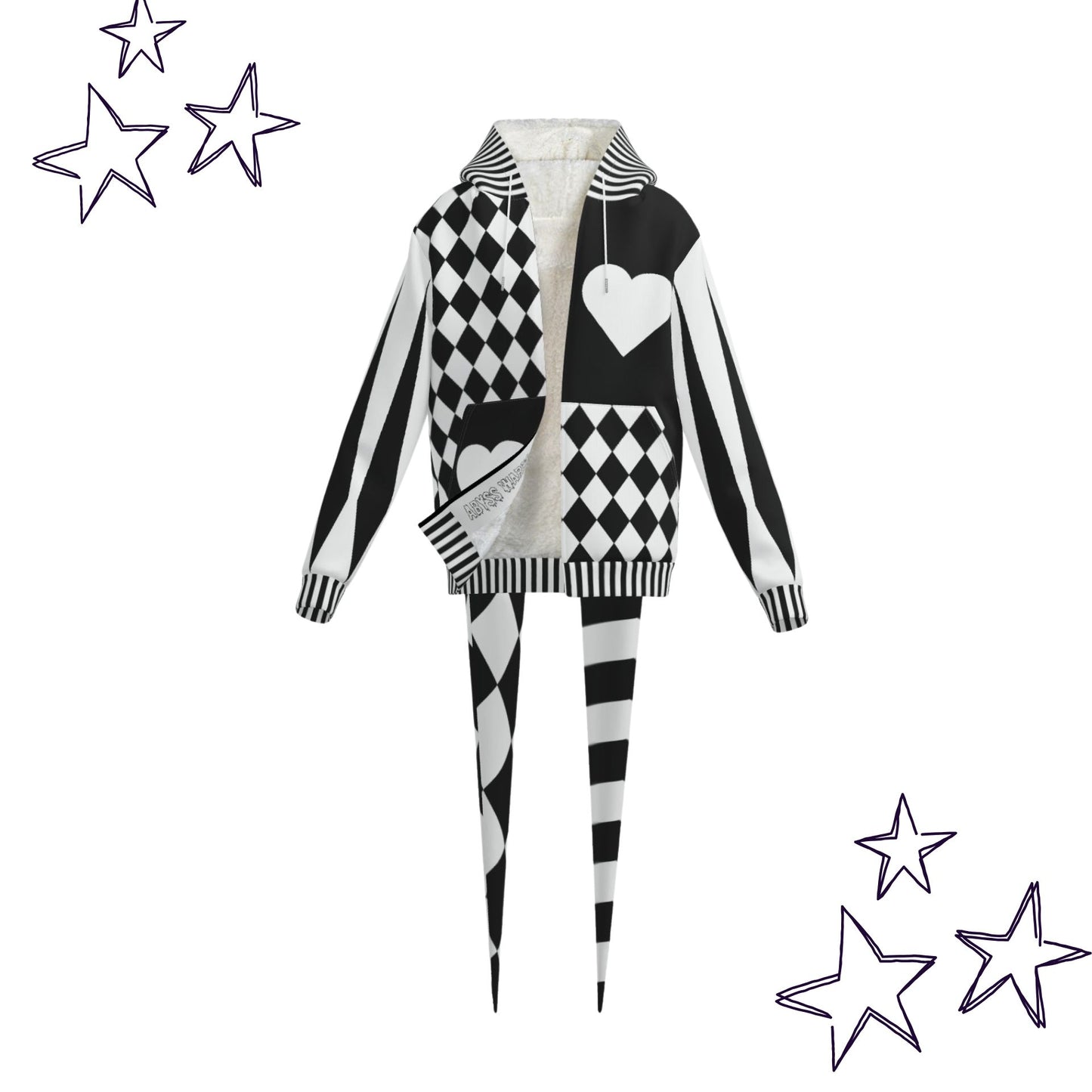 Pierrot Hearts Black White Fangtail Jester Hoodie