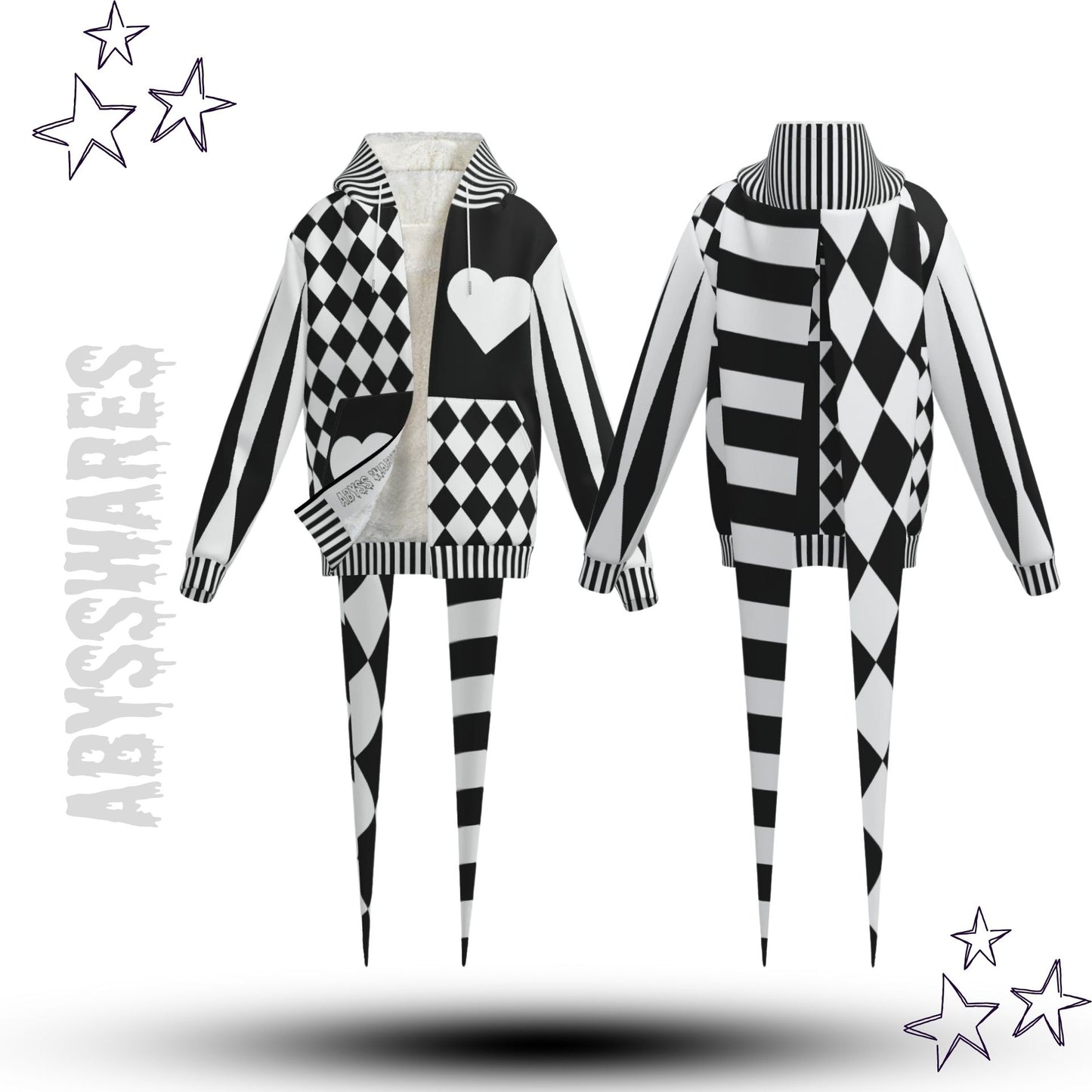 Pierrot Hearts Black White Fangtail Jester Hoodie