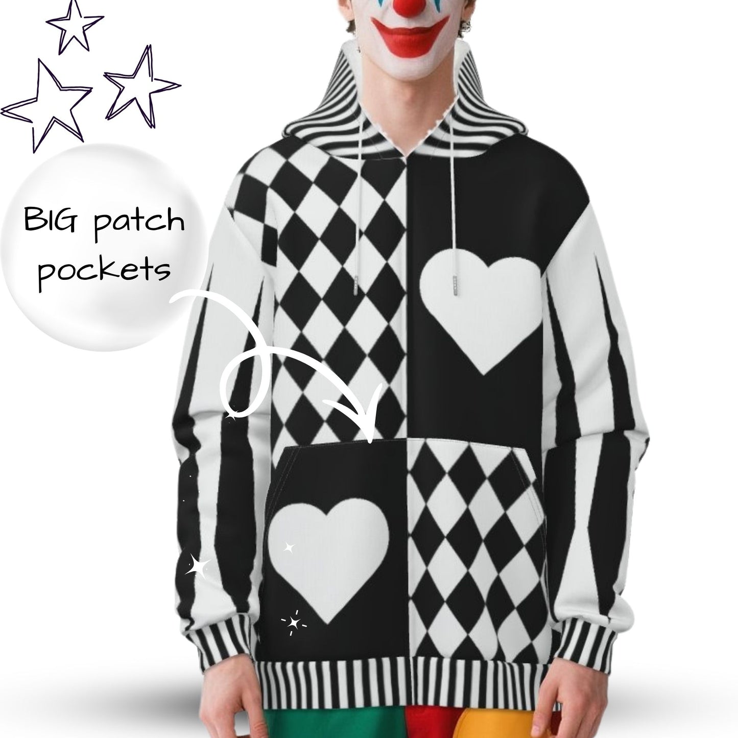 Pierrot Hearts Black White Fangtail Jester Hoodie