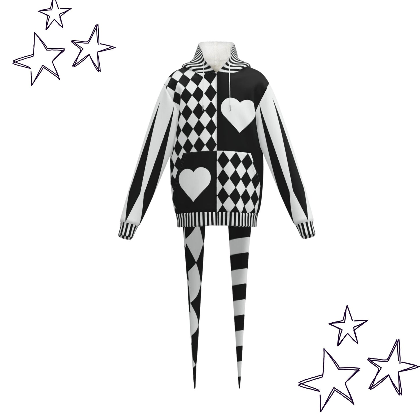 Pierrot Hearts Black White Fangtail Jester Hoodie