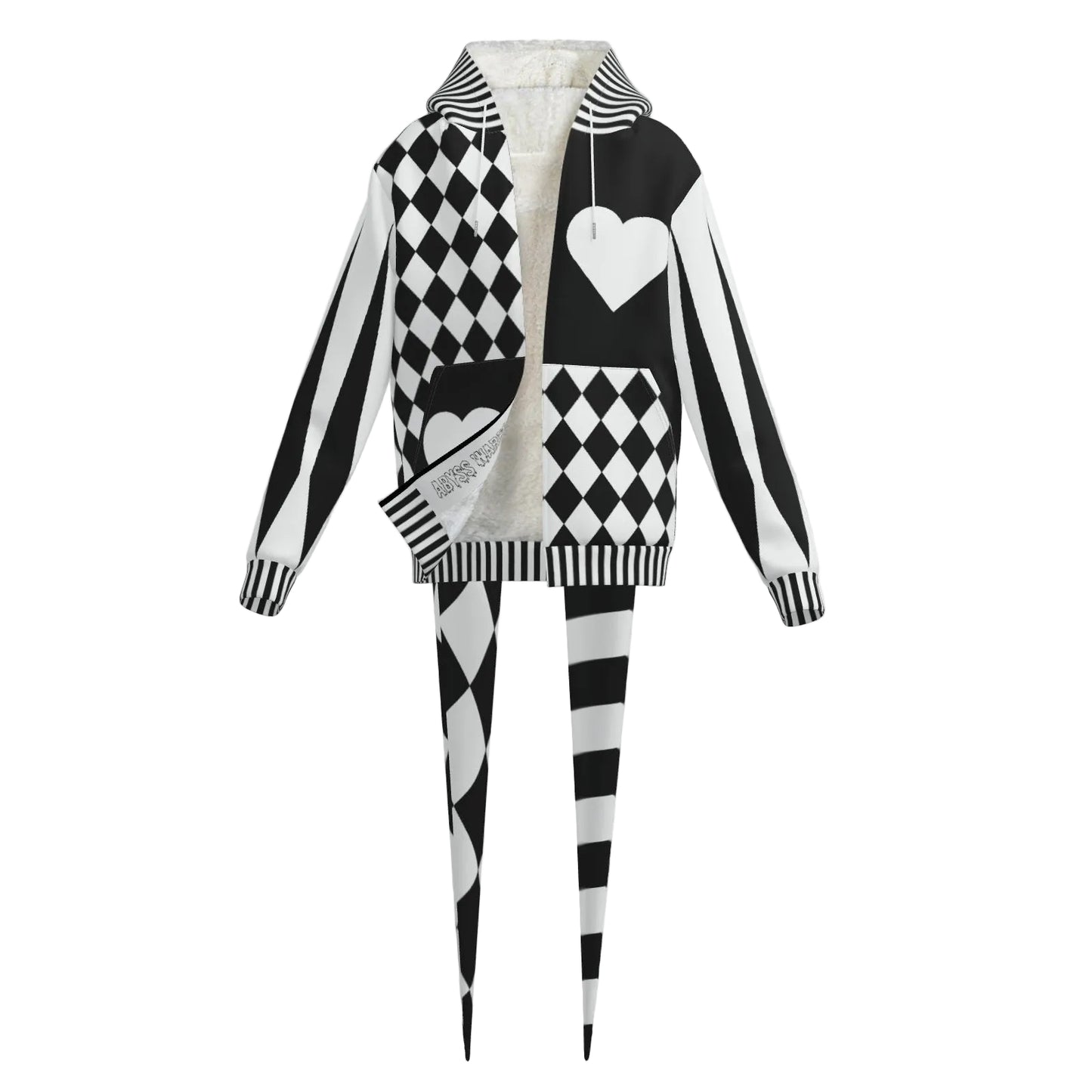 black and white clown zip up hoodie with two long pointy jester horns on the hood
