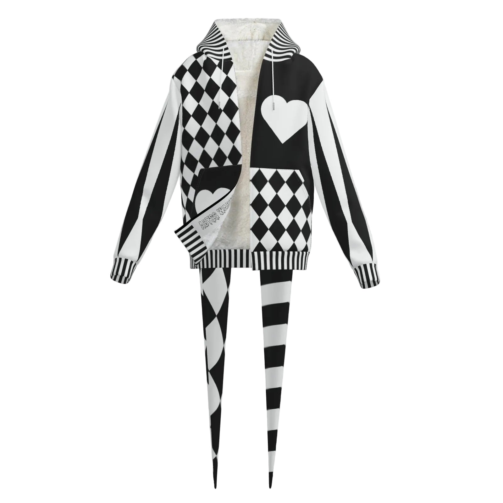 black and white clown zip up hoodie with two long pointy jester horns on the hood