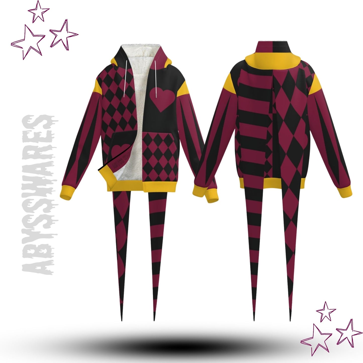Pierrot Hearts Maroon Gold Fangtail Jester Hoodie