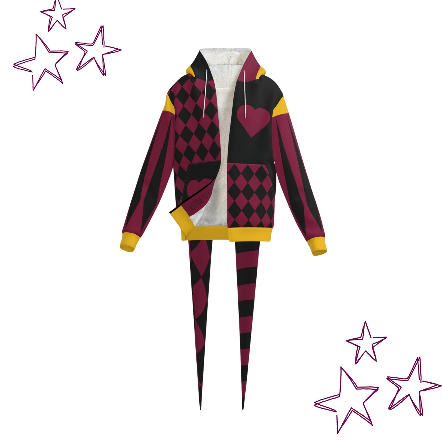 Pierrot Hearts Maroon Gold Fangtail Jester Hoodie