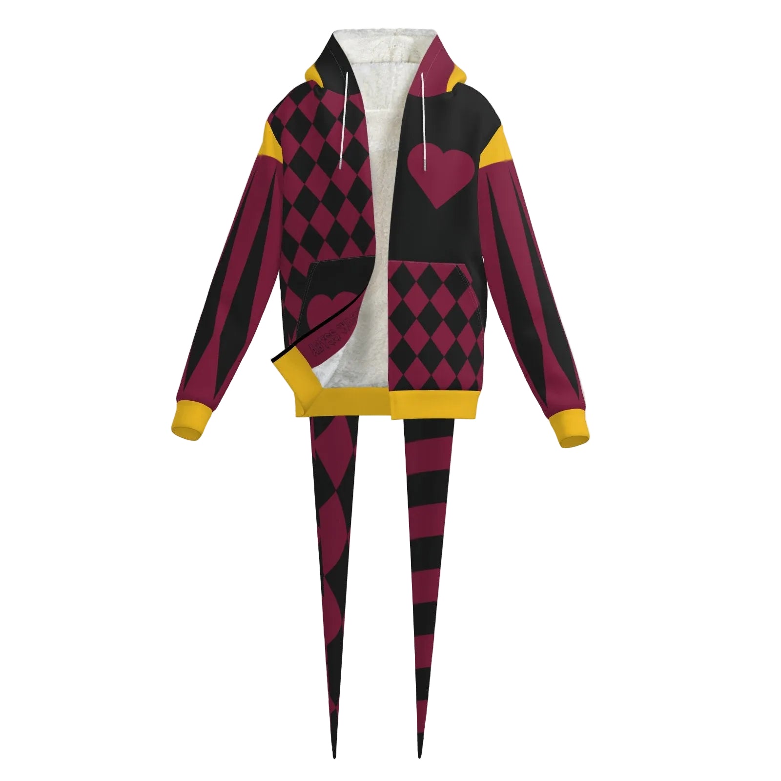 Pierrot Hearts Maroon and Gold Fangtail Jester Hoodie with long points horns