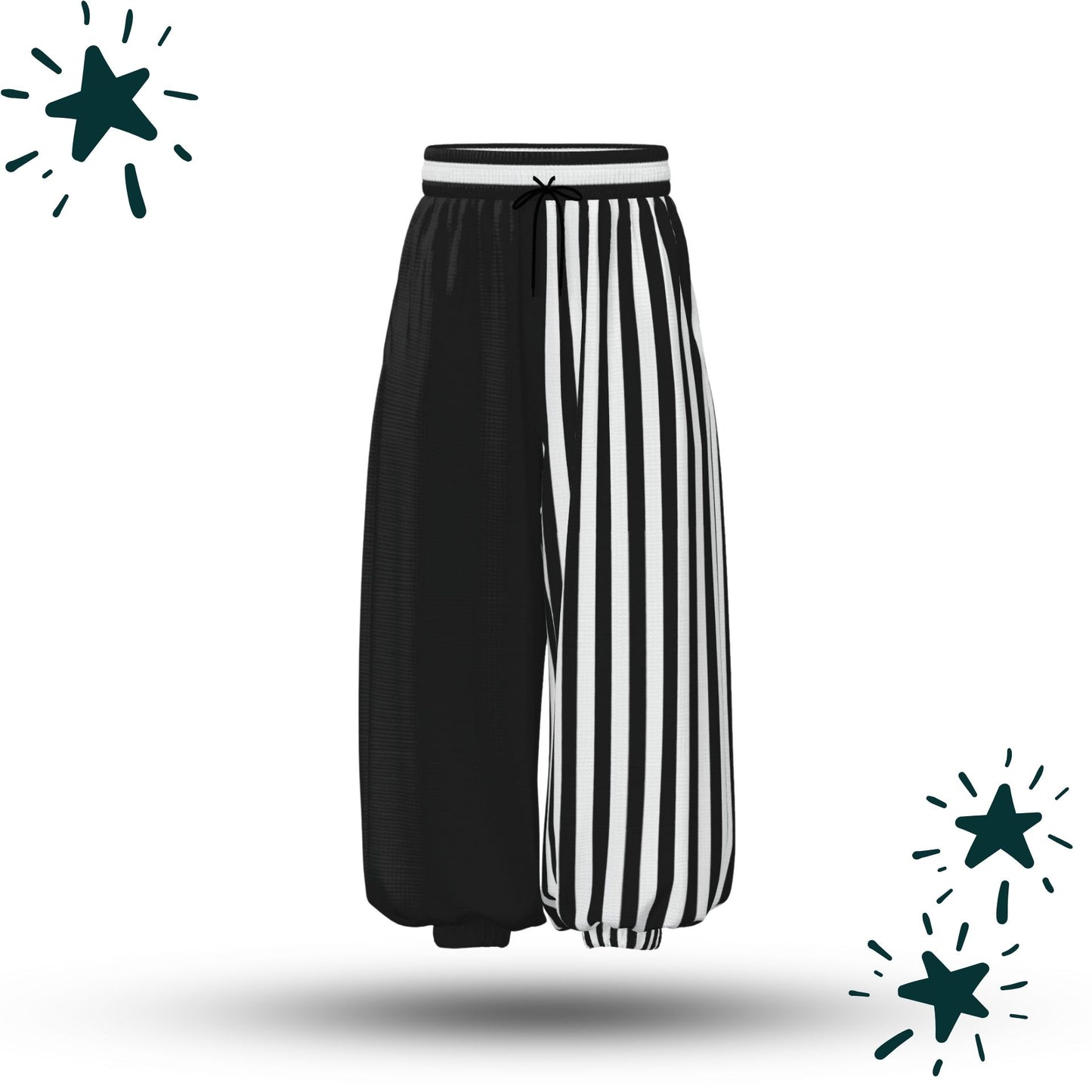 Pierrot Jester Split Stripe Clown Pants, Half Black Half Striped
