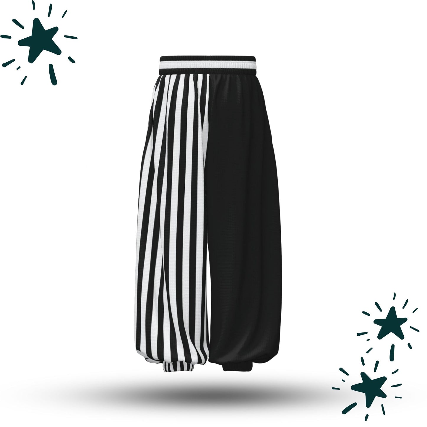 Pierrot Jester Split Stripe Clown Pants, Half Black Half Striped