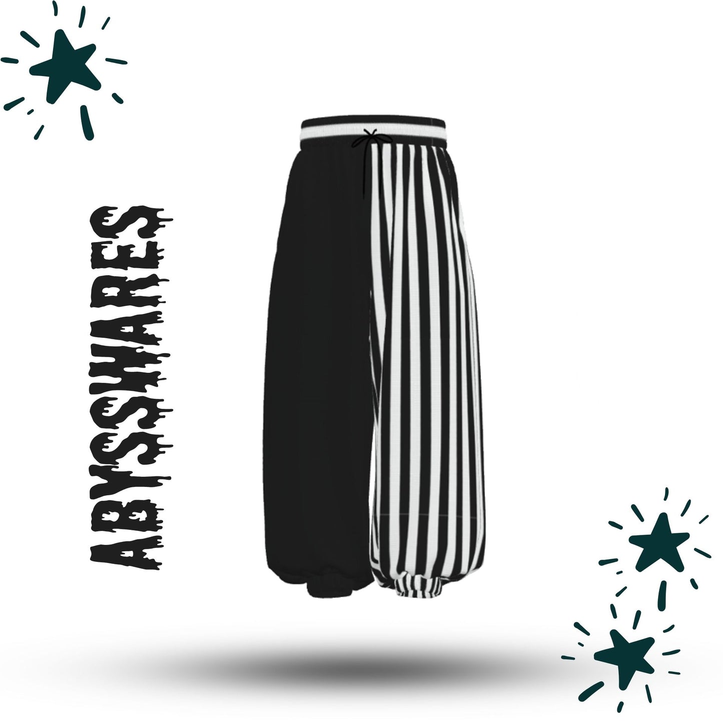 Pierrot Jester Split Stripe Clown Pants, Half Black Half Striped
