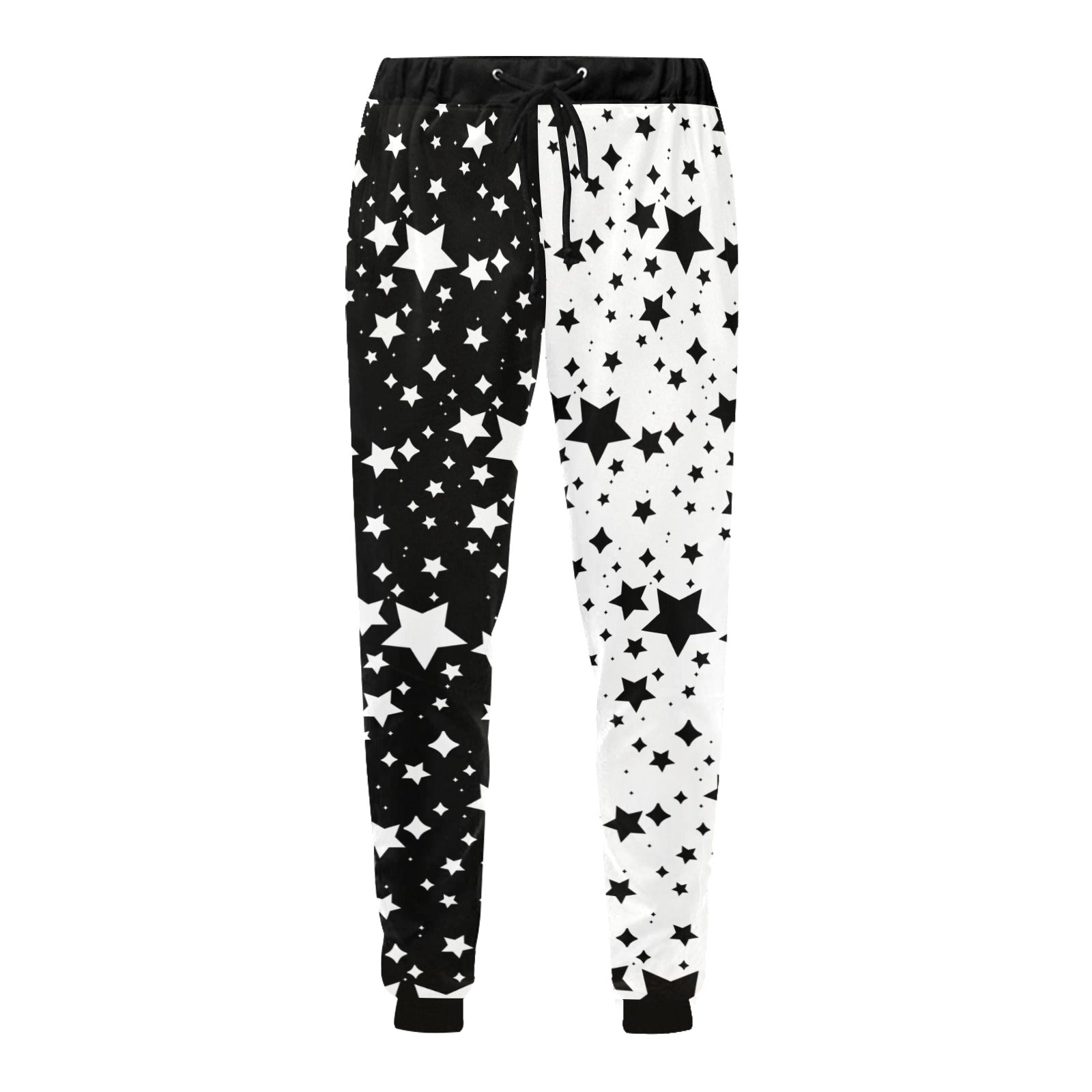 Black and white pants with star patterns on a white background