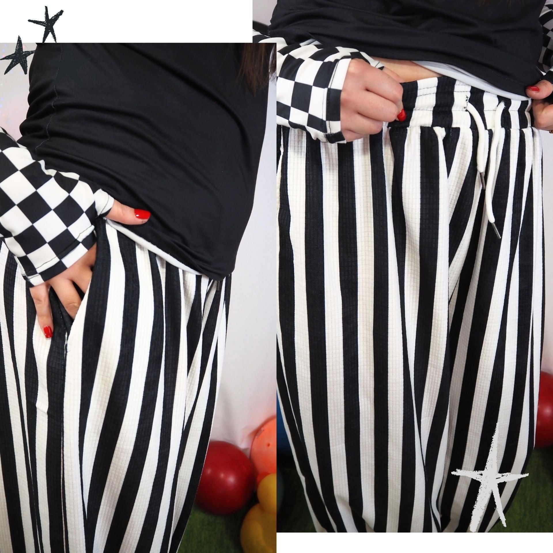 Black and white striped pants worn by a person with checkered sleeves.