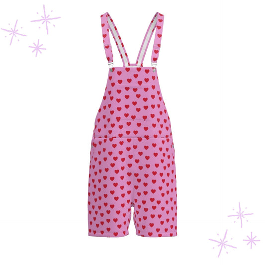 Shortie Overalls Valentines Hearts Pink Red Dungaree Shorts Romper