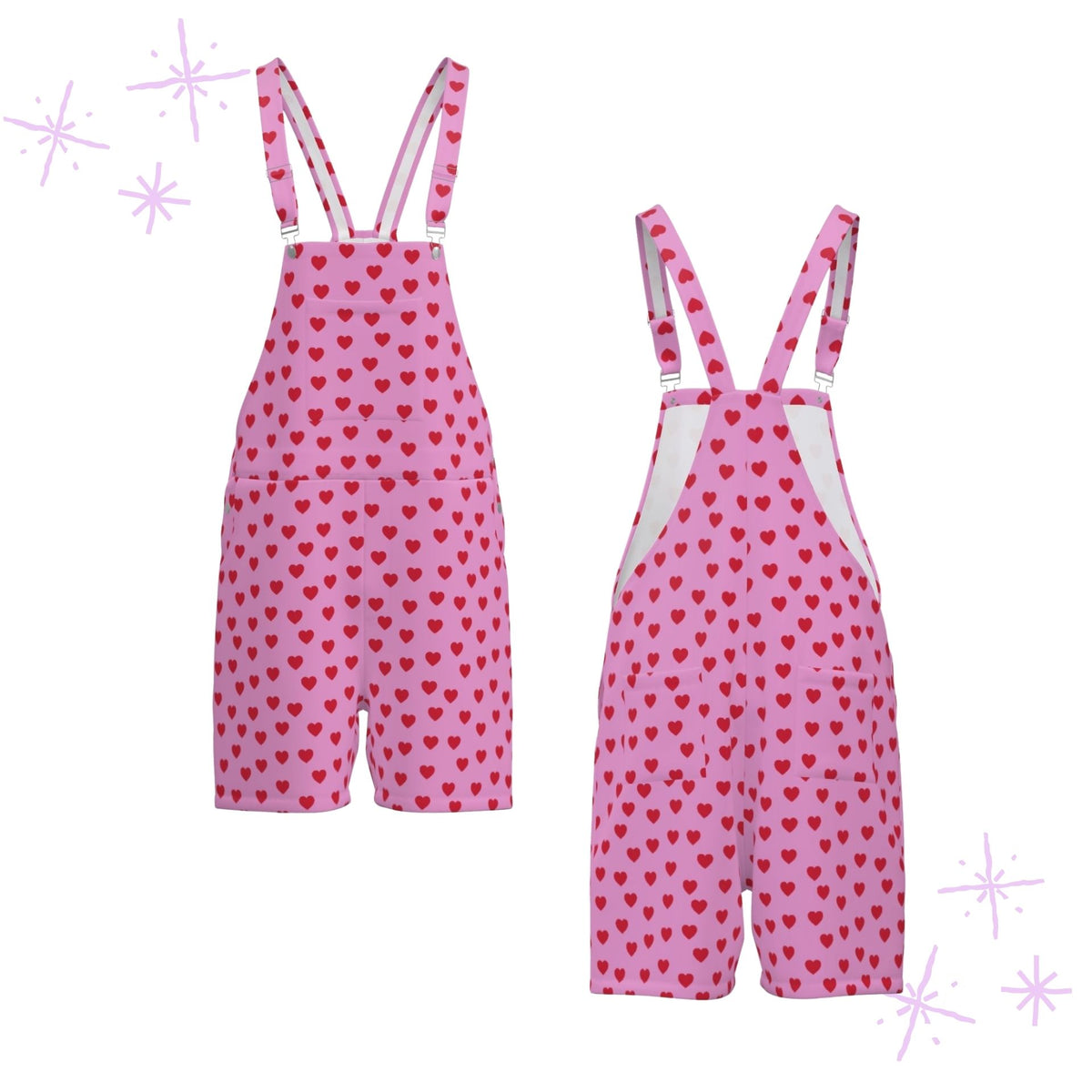 Shortie Overalls Valentines Hearts Pink Red Dungaree Shorts Romper