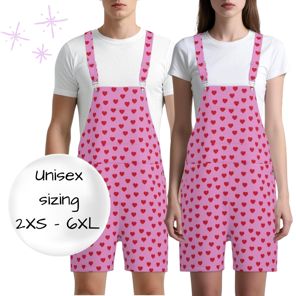 Shortie Overalls Valentines Hearts Pink Red Dungaree Shorts Romper