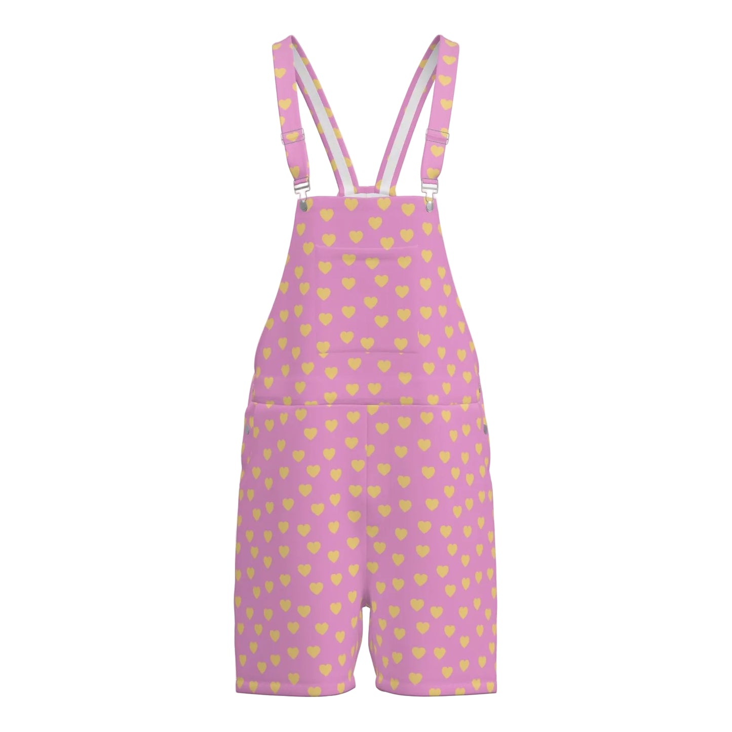 Pink overalls with yellow heart pattern on a white background