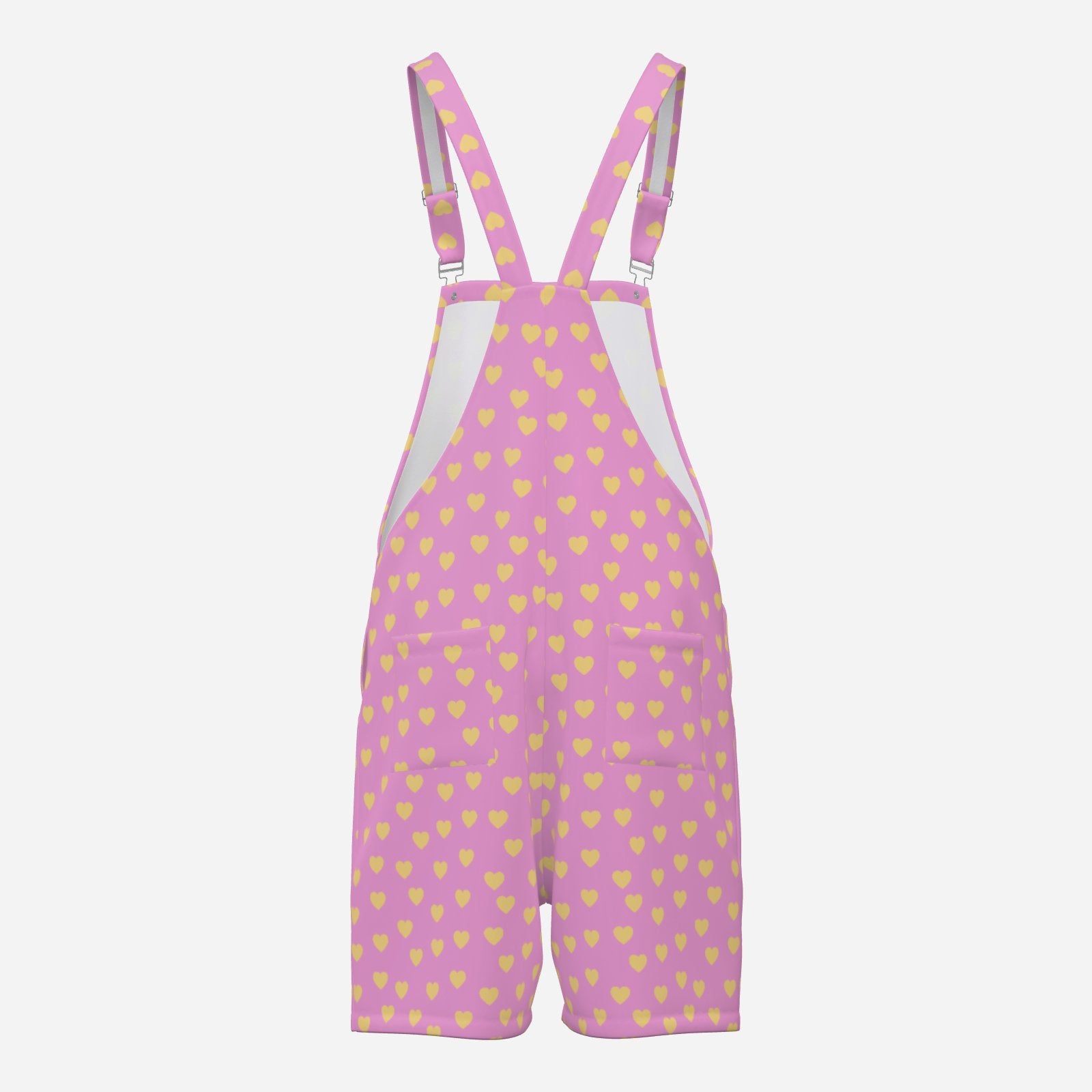 Pink overalls with yellow heart pattern on a white background