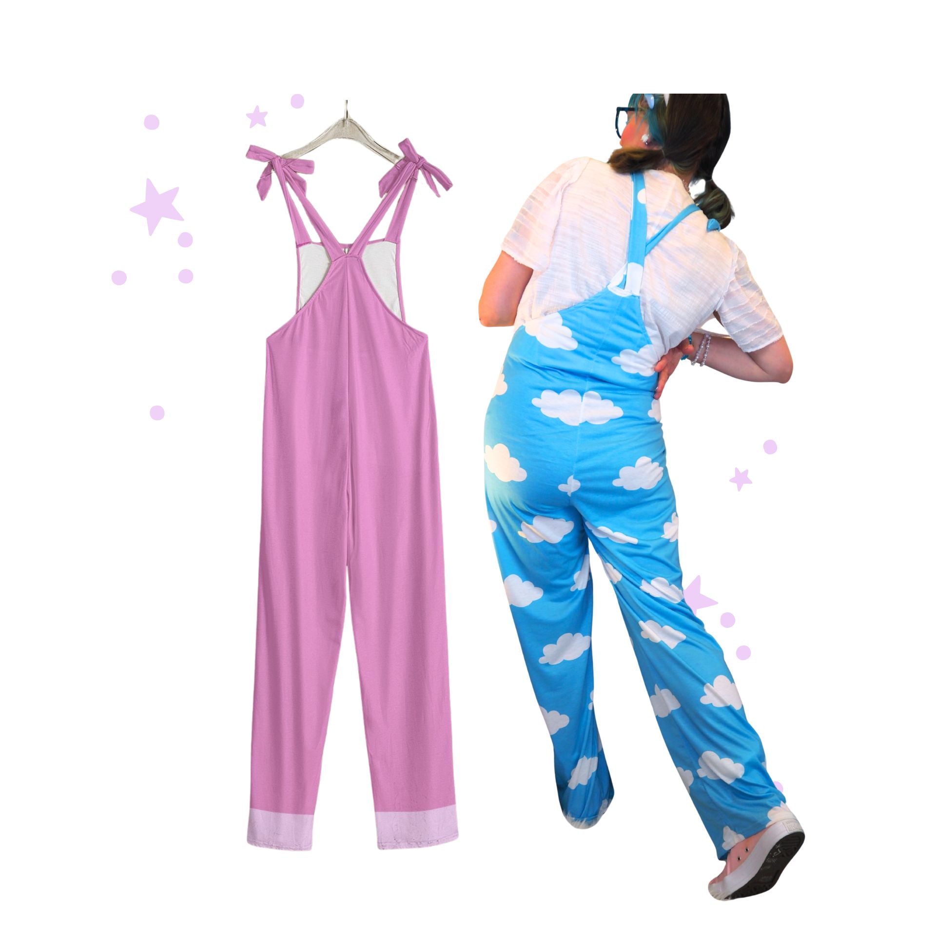 Pink overalls on a hanger next to a person wearing blue overalls with cloud pattern.