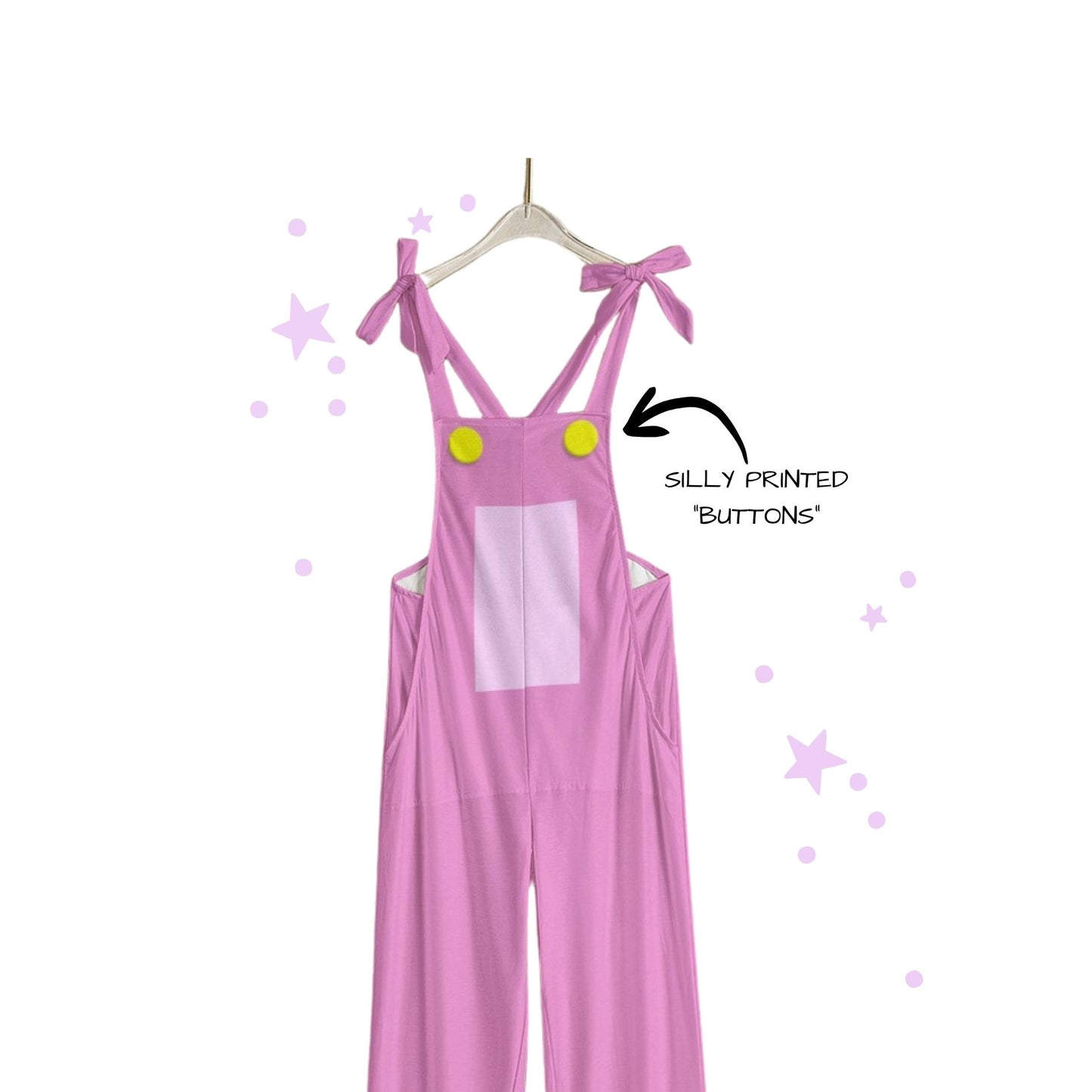 Pink overalls with yellow buttons on a white background