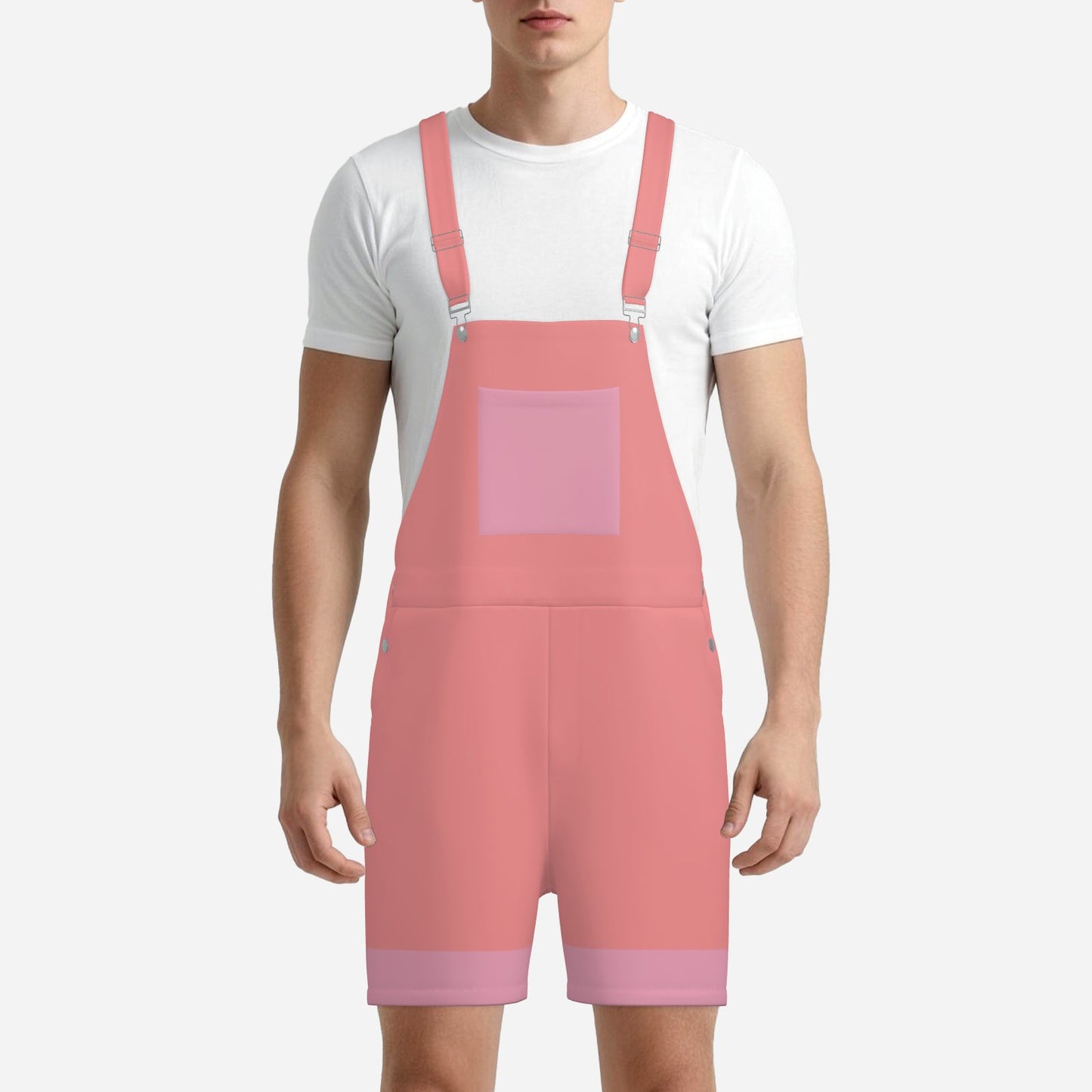 Person wearing a pink overall with a white shirt underneath on a white background