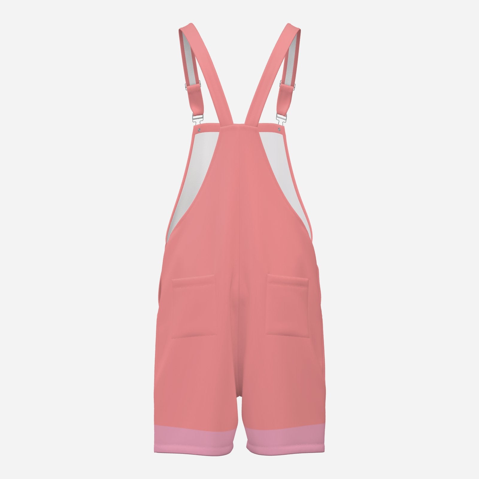 Pink overalls with white accents on a light gray background