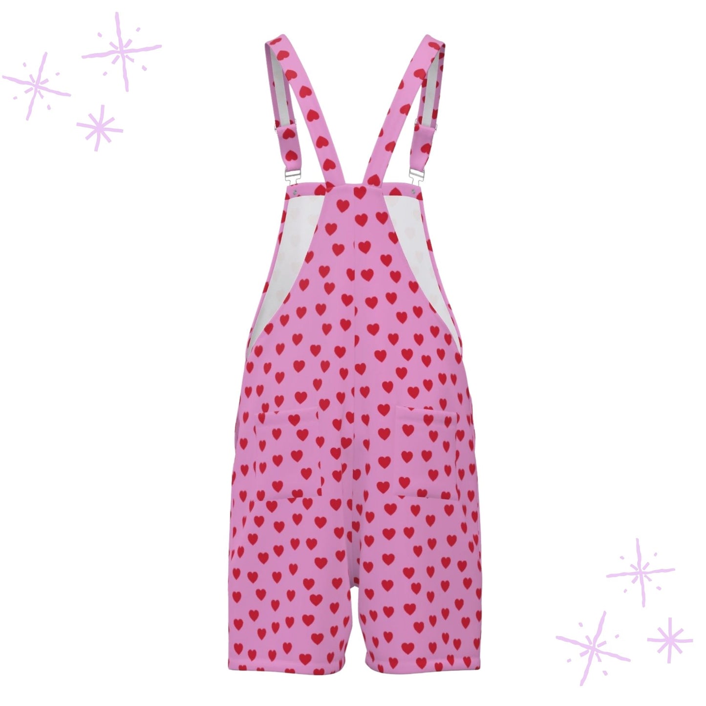 Pink adults size cutecore overalls with red heart pattern on a white background