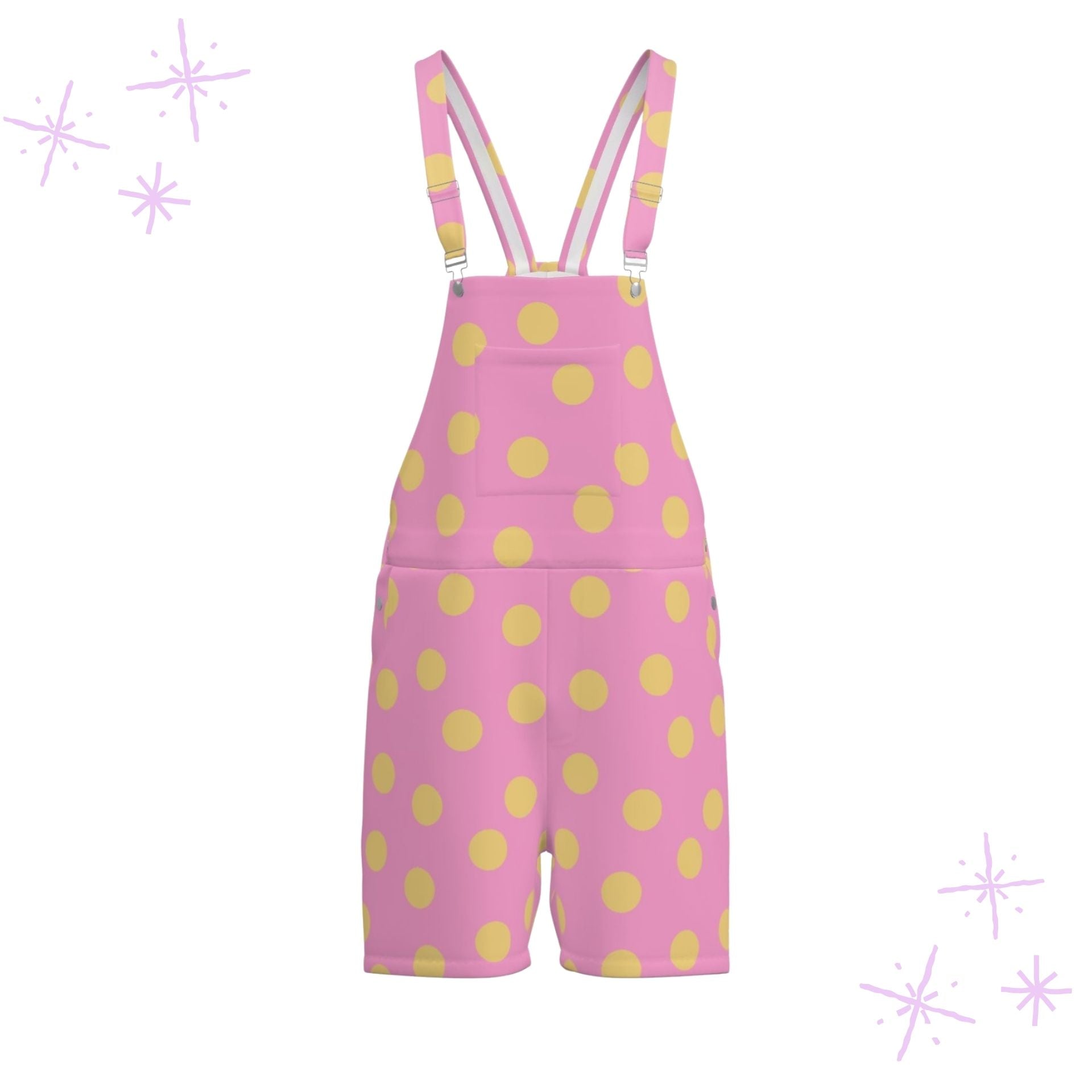 Pink with yellow polka dot overalls on a white background