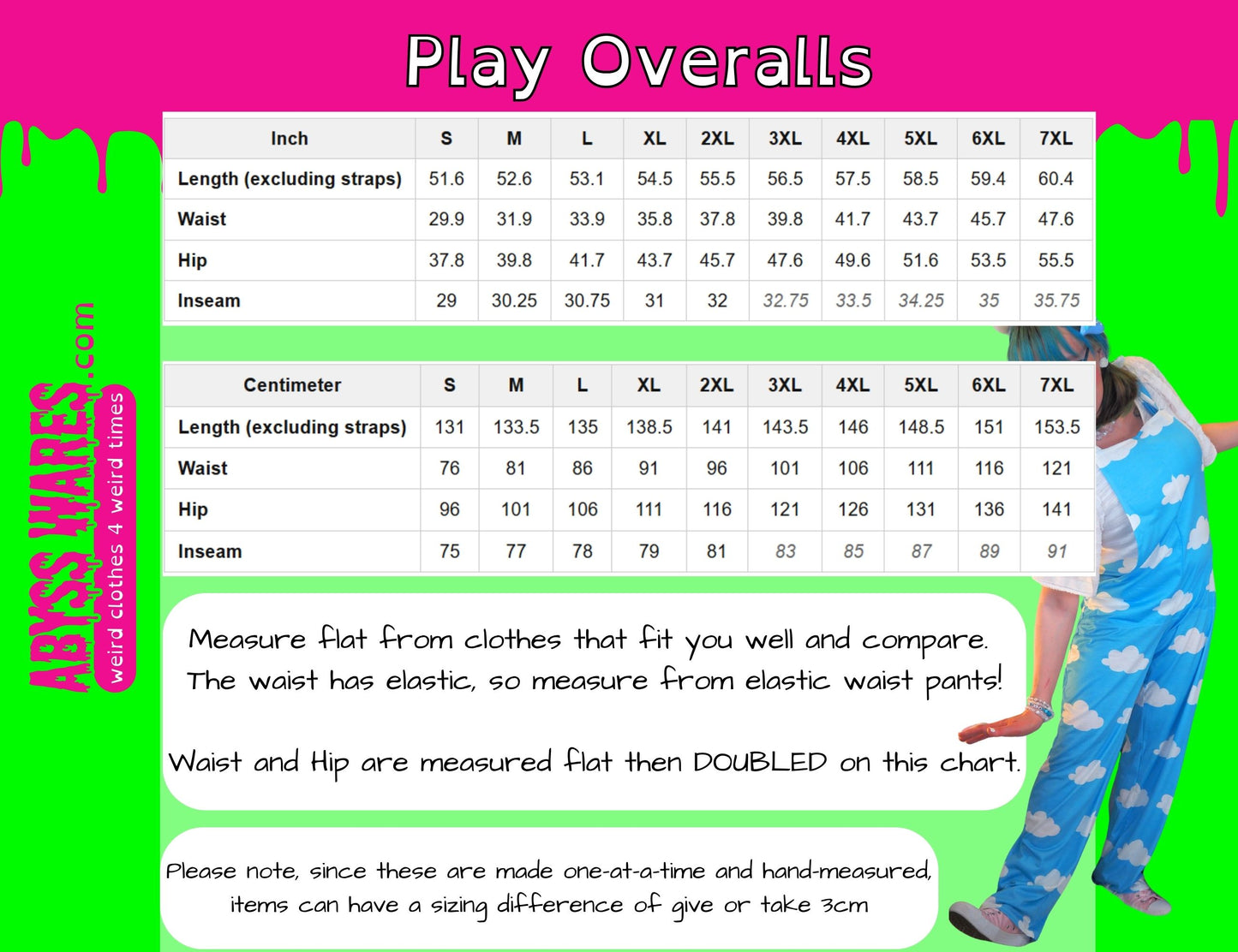 Play overalls size chart with a person wearing blue overalls with white cloud patterns on a green and pink background.
