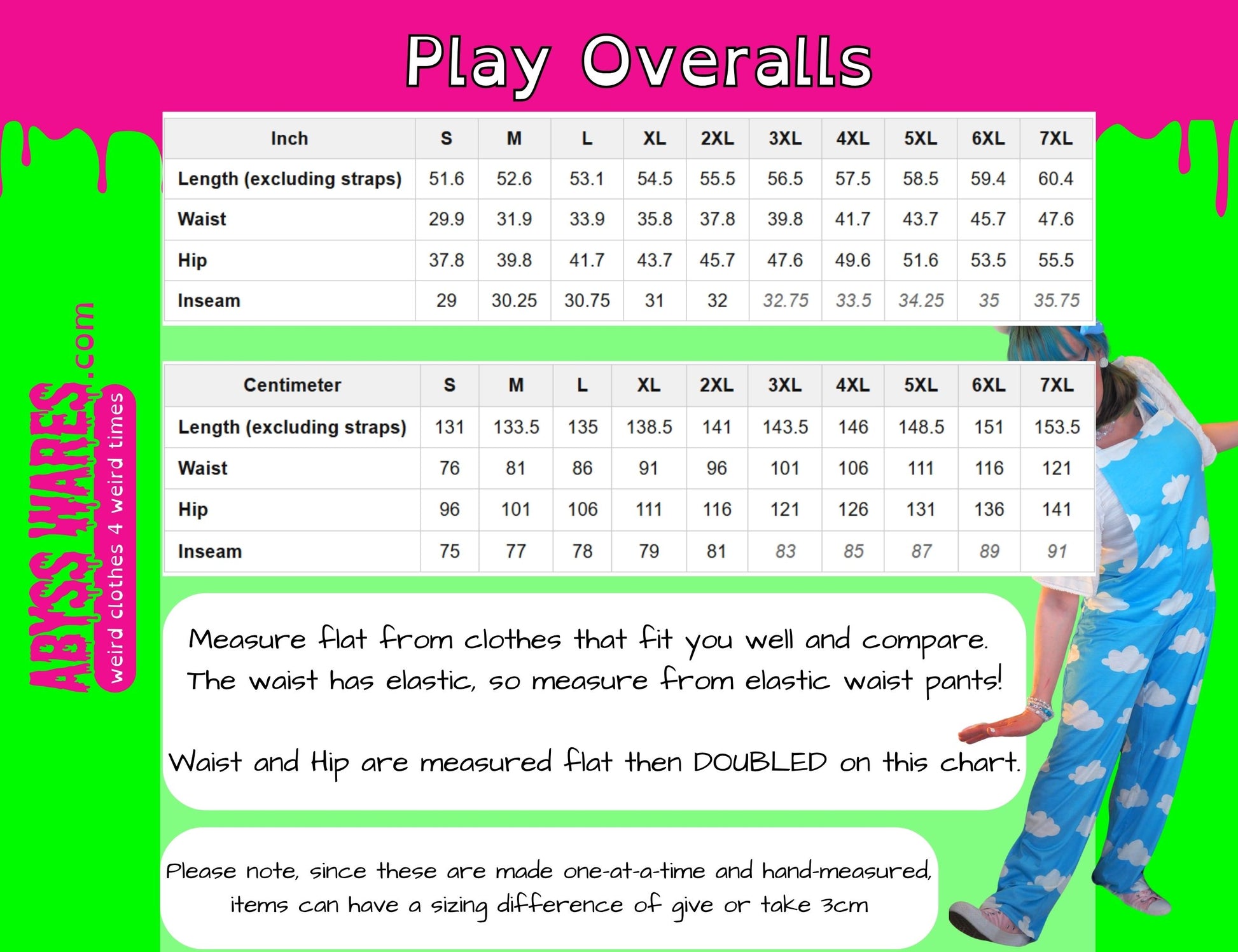 Play overalls size chart with a person wearing blue overalls with white cloud patterns on a green and pink background.