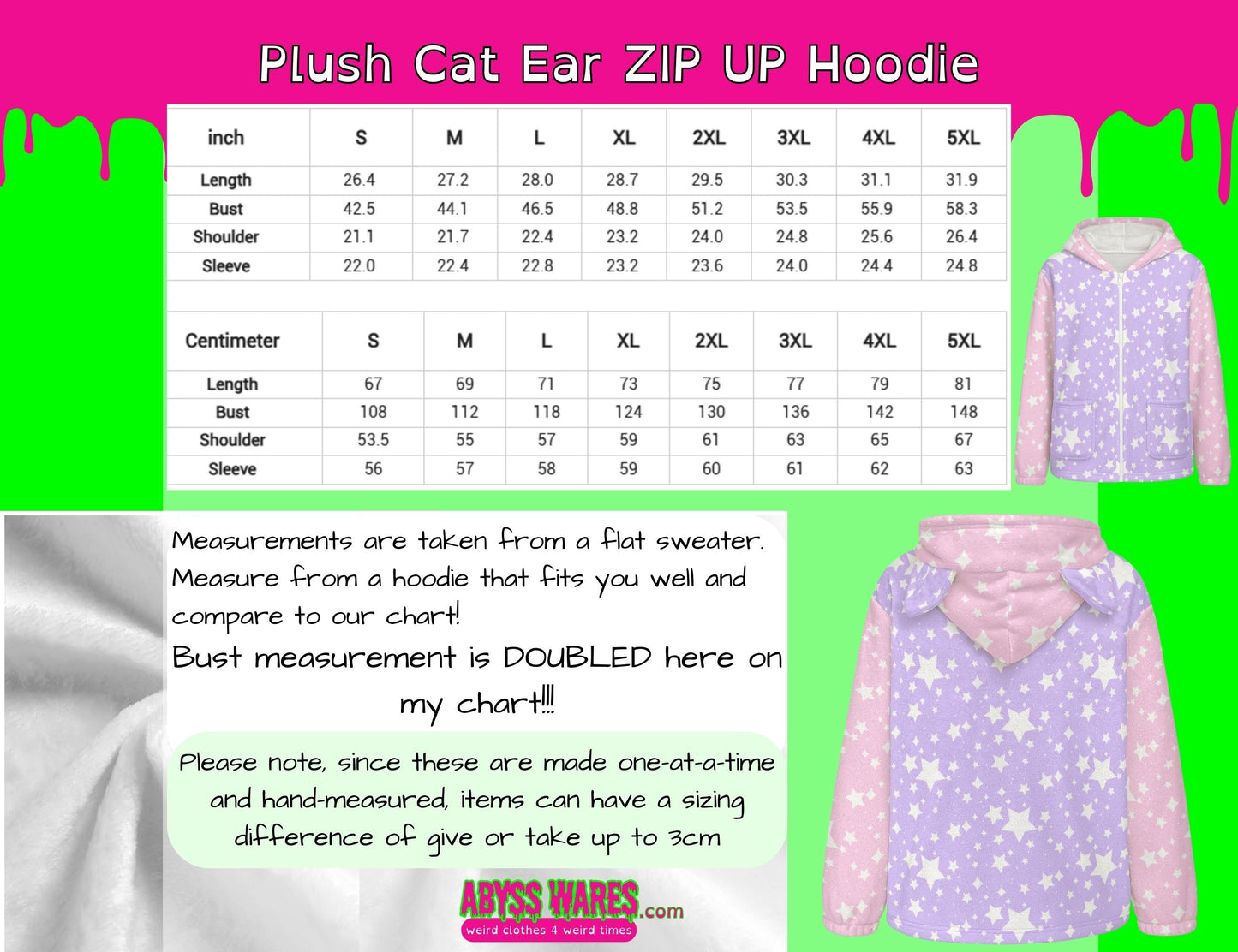 Kapuzenpullover mit Reißverschluss und Cheshire-Katzenohren aus flauschigem Fleece