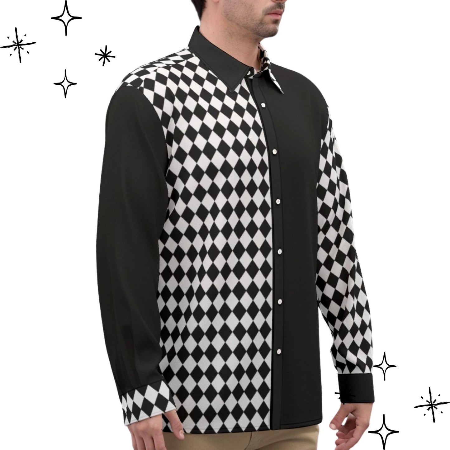 Poker Joker Mens Black White Harlequin Satin Dress Shirt